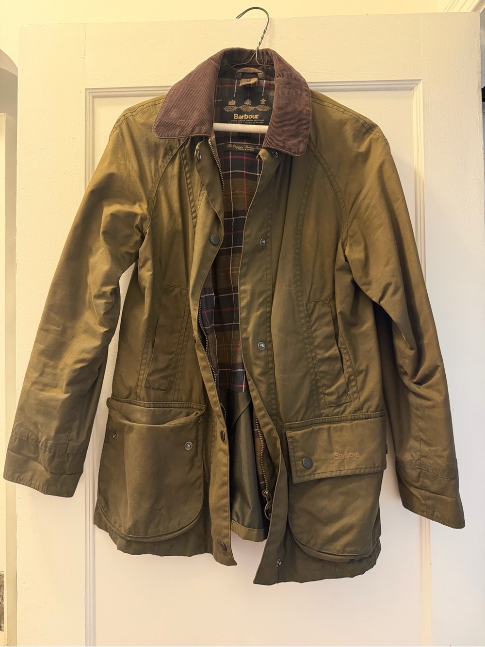 Barbour “Beadnell” Olive Waxed Jacket with Brown Corduroy Collar